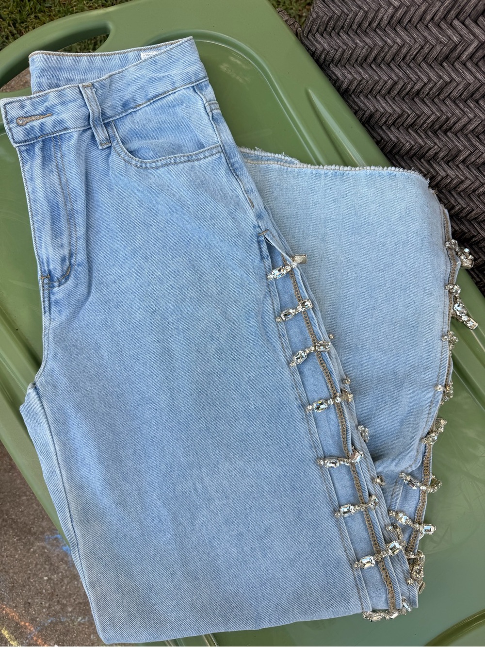 SHEIN Light Blue Wide-Leg Jeans with Rhinestone Side Details